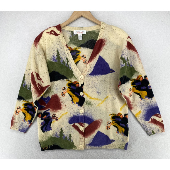 Cambridge SportsClub Sweaters - CAMBRIDGE Sweater S Cardigan Lambswool Ski Apres Aspen Sun Valley Chic VTG Beige